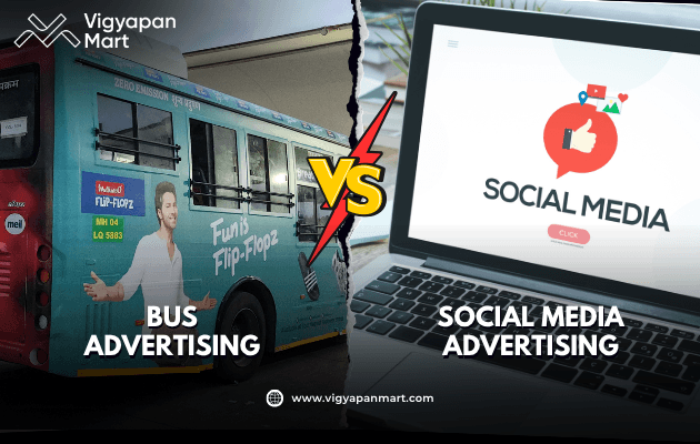 A comparison of street furniture ads and social media advertising, featuring a bus stop ad and a laptop displaying social media icons.