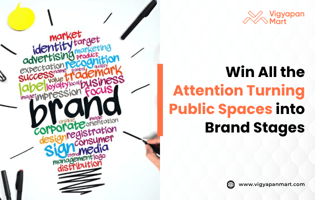 Colorful word cloud forming a lightbulb around the word "brand" with terms like identity, market, and advertising. Text: "Win All the Attention Turning Public Spaces into Brand Stages." Bright, dynamic, creative tone.