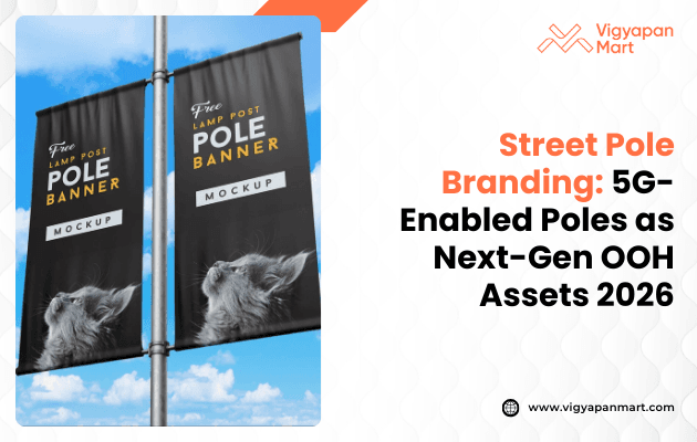 Two black street pole banners with a wolf image on a clear blue sky backdrop. Text beside reads "Street Pole Branding: 5G-Enabled Poles as Next-Gen OOH Assets 2026."
