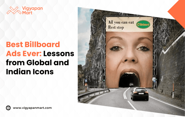 A billboard shaped like a woman's face is integrated into a mountain tunnel, making it appear as her open mouth. Text reads "Best Billboard Ads Ever."