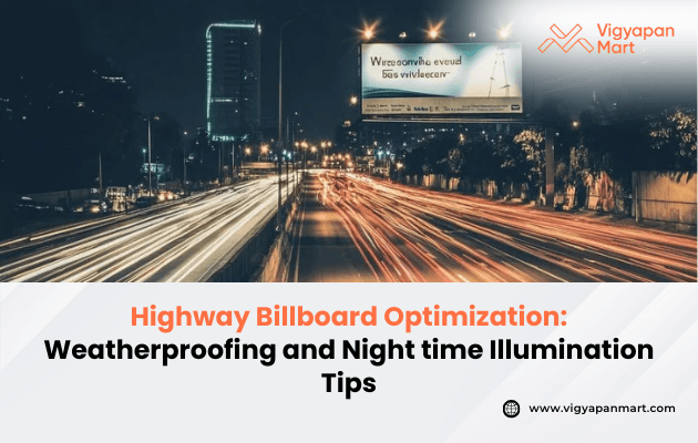 A bustling highway at night with blurred vehicle lights and an illuminated billboard. Text reads "Highway Billboard Optimization: Weatherproofing and Nighttime Illumination Tips." A logo is in the corner.
