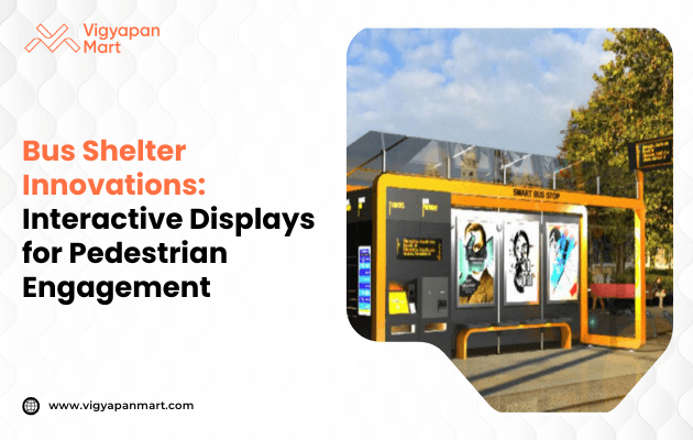 Modern bus shelter with interactive displays showcasing vibrant art, set against a sunny sky and trees. Text highlights innovation and engagement.
