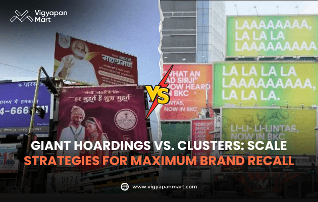 A busy cityscape with a variety of colorful billboards featuring advertisements in English and another language. A bold "VS" in the center emphasizes contrast, while text at the bottom reads, "Giant Hoardings vs. Clusters: Scale Strategies for Maximum Brand Recall." The scene conveys a vibrant and competitive marketing environment.