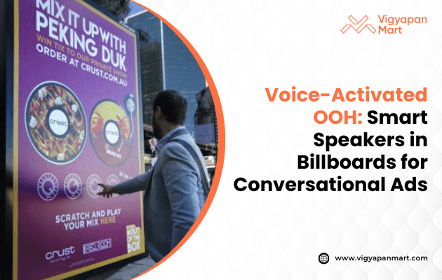 A man interacts with a large, colorful billboard offering a voice-activated experience with smart speakers. The scene is in an urban setting, conveying innovation.