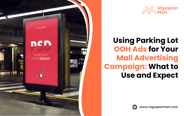 Mockup of an illuminated poster in a dim parking lot, displaying "PSD Photoshop Poster Mockup." The setting highlights advertising potential.