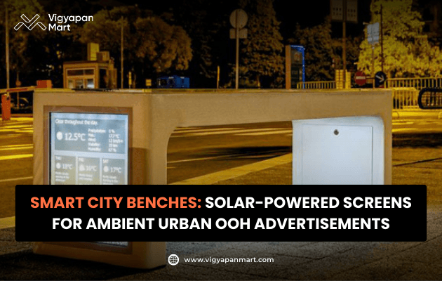 A modern urban bench features a solar-powered screen displaying weather info at night. Surrounded by a dimly lit street, it exudes a tech-savvy vibe.