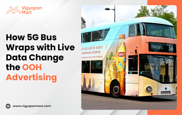 Double-decker bus with vibrant 5G advertising wraps, featuring a Lipton iced tea design. Text promotes live data and OOH advertising. Bright and dynamic.