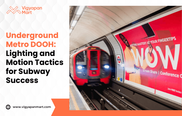 A speeding red subway train passes a bright ad reading "WOW," highlighting impactful visual marketing. The scene is energetic and dynamic.