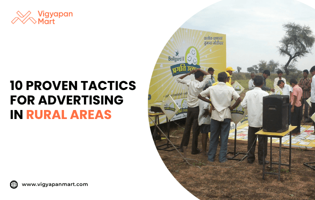 A group of people gather around a colorful advertisement board in a rural setting. Text overlaid reads "10 Proven Tactics for Advertising in Rural Areas."