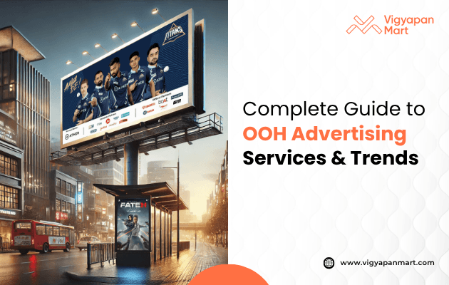 A cityscape featuring a large billboard with sports team images at twilight. Below, a bus stop ad. Text: "Complete Guide to OOH Advertising Services & Trends."