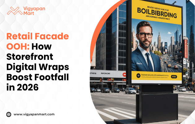 A digital billboard on a city street displays an advertisement featuring a man in a suit with a busy urban skyline backdrop. The adjacent text reads, "Retail Facade OOH: How Storefront Digital Wraps Boost Footfall in 2026." The tone is modern and professional.