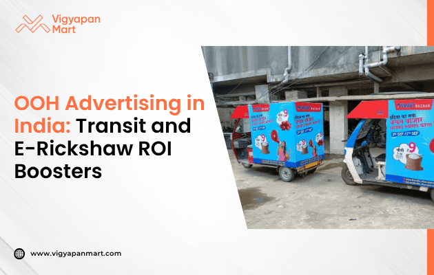 Two colorful e-rickshaws featuring bold advertising graphics are parked indoors. The text highlights 'OOH Advertising in India: Transit and E-Rickshaw ROI Boosters.' The setting suggests a focus on innovative marketing strategies.