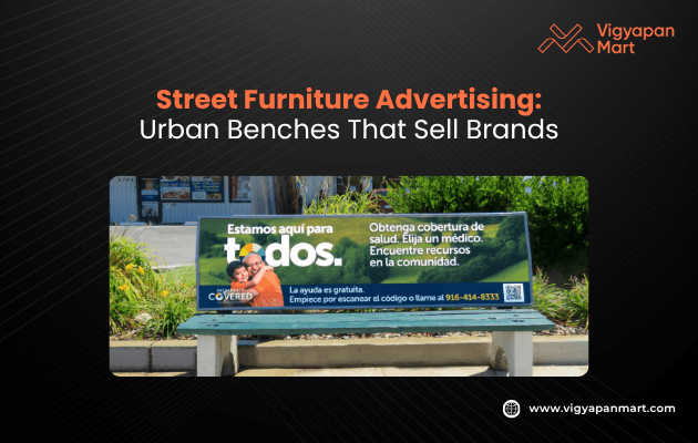 Urban bench with healthcare advertisement in Spanish, featuring a family photo. Emphasizes community support, surrounded by green foliage.